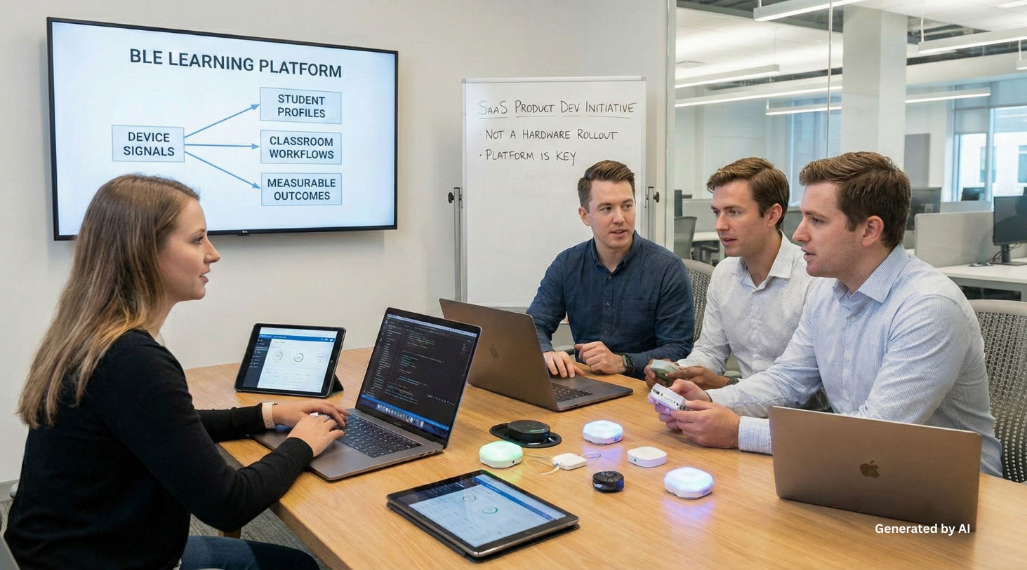 colleagues discussing the idea of ​​building a Bluetooth IoT platform in Education